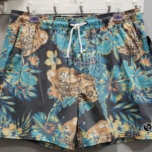 Ezekiel Leopard and Tropical Print Men's Swim Shorts, Size 36